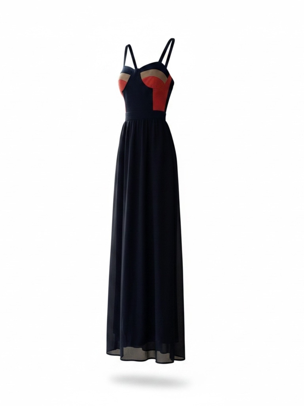 Navy Maxi Dress with Coral and Tan Bust Accents